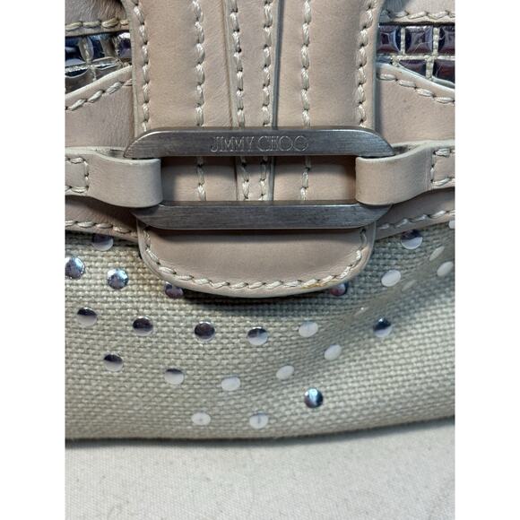 Jimmy Choo Buckle Studded Tulita Hobo Shoulder Bag Tan Canvas - Picture 2 of 16